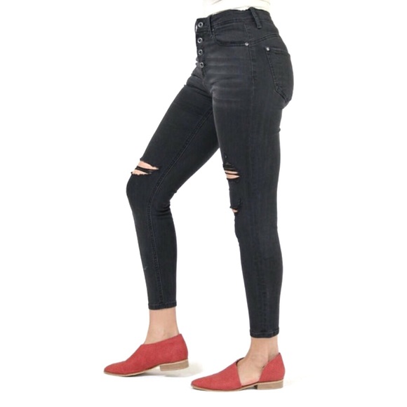 GRACE in LA Destroyed Button Fly Easy-Rise Vintage Black Skinny Jeans 28 6 NEW - Picture 3 of 13